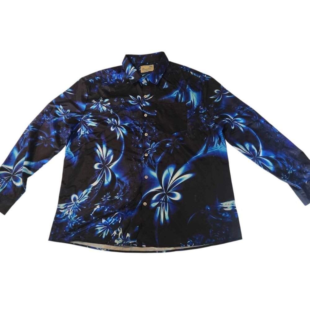 Royaura Hawaiian Shirt Art Blue Floral Tropical Unique Long‎ Sleeve XXL 2XL